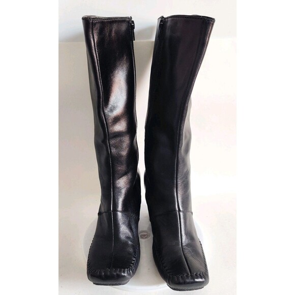 Clarks Indigo Leather Knee High Tall Boots Black Size 8 Whimsical Spool Heel Zip - Picture 7 of 14